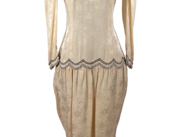 Vintage 1980's Flapper Dress / 1920's Style Frock / Ivory Jacquard Silk / Gunmetal and Pearl Beaded Mesh / Drop Waist