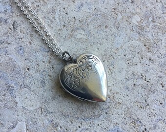 Vintage silver heart locket, engraved locket, FREE UK SHIPPING
