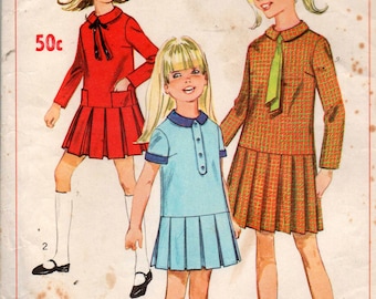 Simplicity 7286 Girls Drop Waisted Dress with Collar and Pleated Skirt 60s Vintage Sewing Pattern Size 8 or 12