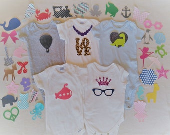 10+ Random Iron-on Appliques, Gender Neutral, Girl, Boy, Baby Shower DIY Onesie Bodysuit Activity, Animal, Tie, Nautical, etc.