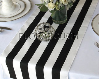 Black and White Striped Table Runner Wedding Table Runner with white stripes on the borders