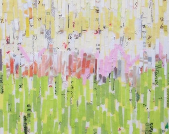 Mixed Media Acrylic collage painting, lines painting, recycled paper art, garden painting