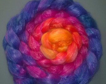 Neon Sunset- SW Merino Tencel Roving - One 100g braid - Combed top spinning fiber felting purple pink orange red