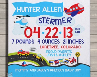 Birth announcement print on canvas TRANSPORTATION plane, car, train birth print poster on wood frame