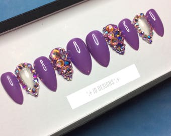 JD Designs | Purple press on nails |swarovski crystals false nails | Purple Stiletto
