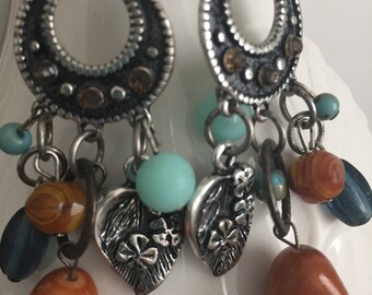 Amber, blue/green and silver charm earring