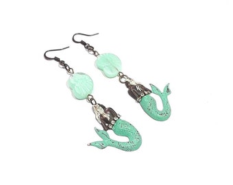Mermaid earrings, mint green, rustic brass, mint green czech bead earrings
