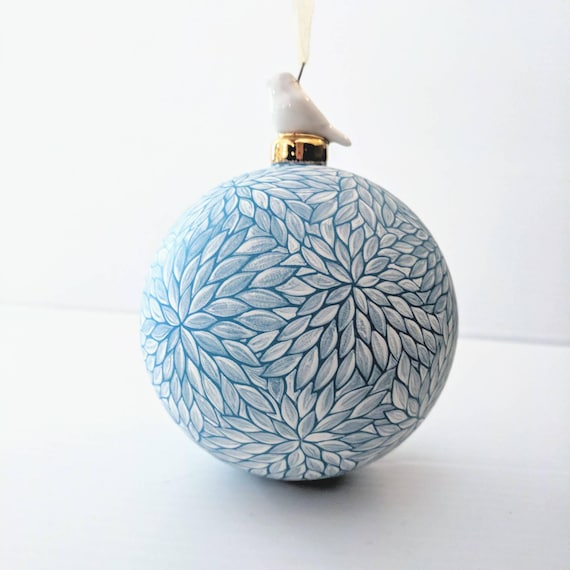 Winter wonderland hand painted glass ornament with birdie topper blue and white elegant glass ornament