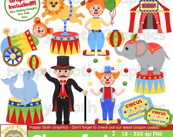 Circus Clowns clipart set, personal and commercial use vector Big Top, Bazaar digital clip art set.