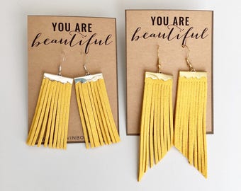 mustard earrings / mustard yellow earrings / yellow earrings / tassel earrings / leather earrings / statement earrings / bohemian earrings