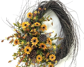 Sunflower Wreath, Fall Wreath, Autumn Wreath, Fall Floral, Sunflower Door Decor, Harvest Wreath, Oval Wreath, Birch Wreath, Fall, Door Decor