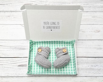 grandparents pregnancy reveal, baby announcement, you're going to be grandparents, crochet baby booties, grey baby boots, newborn shoes
