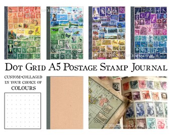 Bullet Journal Dot Grid Notebook, Dotted Bujo A5 Cahier | Boho Travel Journal, Upcycled A5 Travel Notebook | Recycled Postage Stamp Mail Art