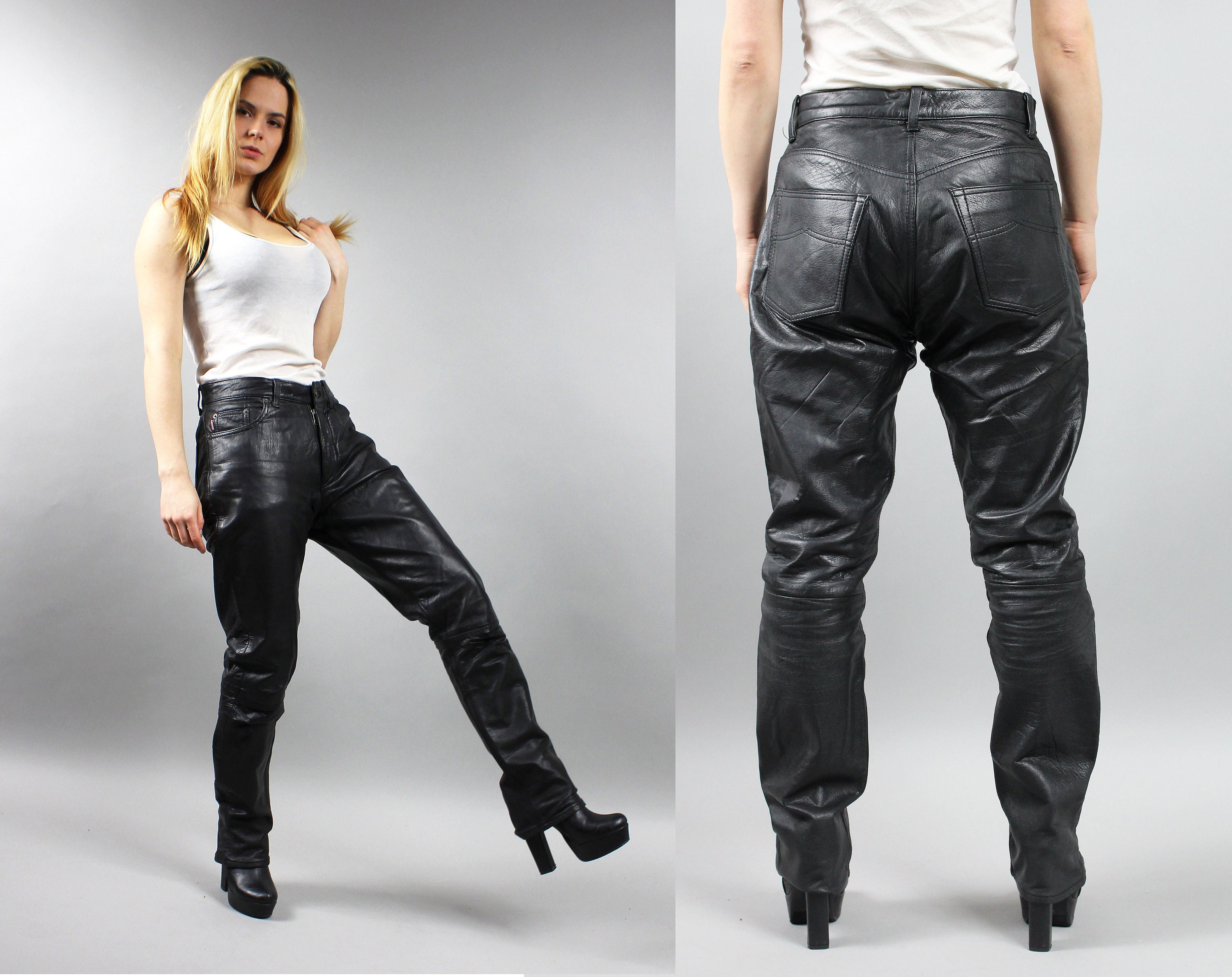 Vintage Rocker Leather Black Pants . 90s Grunge Motorcycle