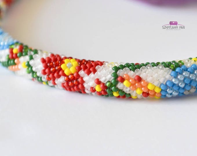 Summer Flower Necklace Gift for her Seed beads necklace Crochet necklace Tube Friendship gift Rope glass beads Knitting Handmade necklace