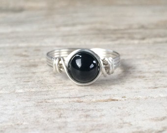 Black Onyx Ring, Sterling Silver Filled Ring, Wire Wrapped Ring, Gemstone Ring, Stone Ring
