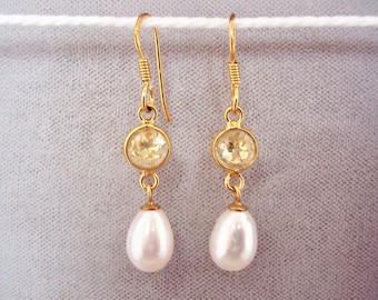 18ct Gold over Sterling Silver Citrine & Freshwater Pearl Drop Earrings.