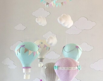 Mint lavender gray Hot Air Balloon Baby Mobile, hot air balloon decorations, hot air balloon nursery, Nursery Decor, Baby Shower Gift
