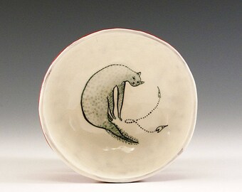 Slinky Kitty - Original Painting by Jenny Mendes in a Hand Pinched Ceramic Finger Bowl