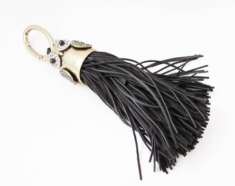 Owl Tassel Bag Charm, Owl Keyring, Black Tassel Keyring, Owl Bag Charm, Leather Tassel Charm, Owl Gift, Leather Owl Bag Charm