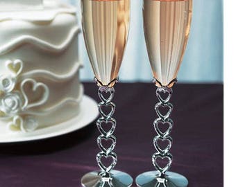Heart Wedding Flutes - Silver Stacked Hearts Glass Champagne Toasting Glasses Bride Groom Couple - Can Be Personalized Engraved - MW14347