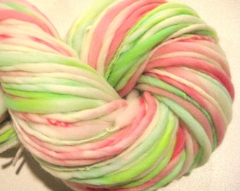 Bulky Handspun Yarn Tiptoe Through the Tulips 126 yards hand dyed wool pink green white waldorf doll hair knitting supplies crochet supplies