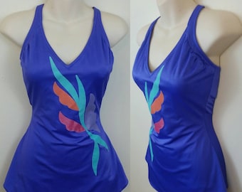 70s Skirted Swimsuit Lilac Shiny Abstract Design One-piece L