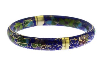 Blue Cloisonne Bracelet, Blue Flower Bracelet, Blue Enamel Bangle Bracelet, Enamel Flower Bangle Bracelet