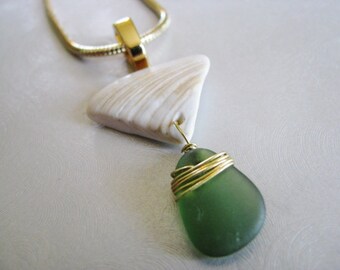 Soft Green Seaglass and Shell Necklace - Sea Glass Pendant - Shell Pendant - Ocean Jewelry Pendant Gift - Sea Shell Pendant with Sea Glass