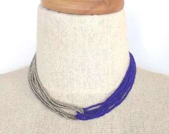 Royal blue and silver necklace, monaco blue necklace, blue and gray necklace, bridesmaid necklace, bridesmaid gift,seed bead necklace,choker