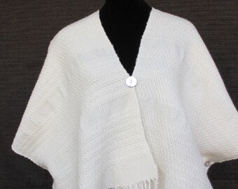 Cotton and Wool Handwoven Ruana Cream White