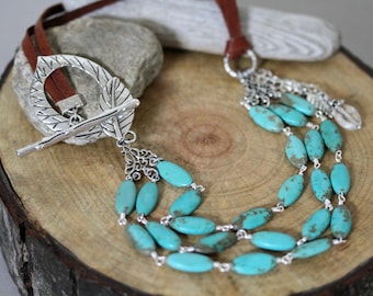 Three Strand Turquoise Leather Cord Leaf Clasp Necklace, Bohemian Necklace, Boho Style Jewelry, Big and Bold Necklace, Leaf Necklace