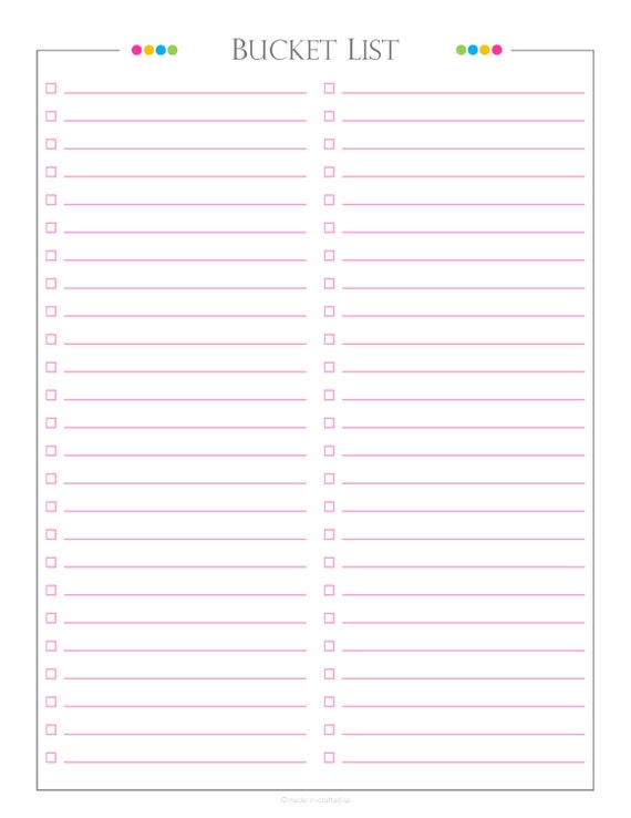 bucket list pdf planner bucket list checklist list to do