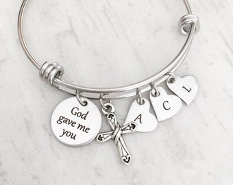 Initial Charm Bracelet for Mom - Mother's Day Jewelry Gift for Her from Kids - Personalized Silver Toned "God gave me you"