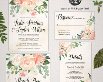 Printable Wedding Invitation Vintage Style in Peaches and Cream, Floral Rustic Watercolor Invitation, Wedding Invitation Suite