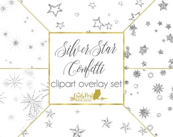 Silver Glitter Star Confetti | Digital Star Clipart | Stars Clipart | Stars Confetti | Glitter Stars Clipart | Stars Clipart | Set of 6 PNGs