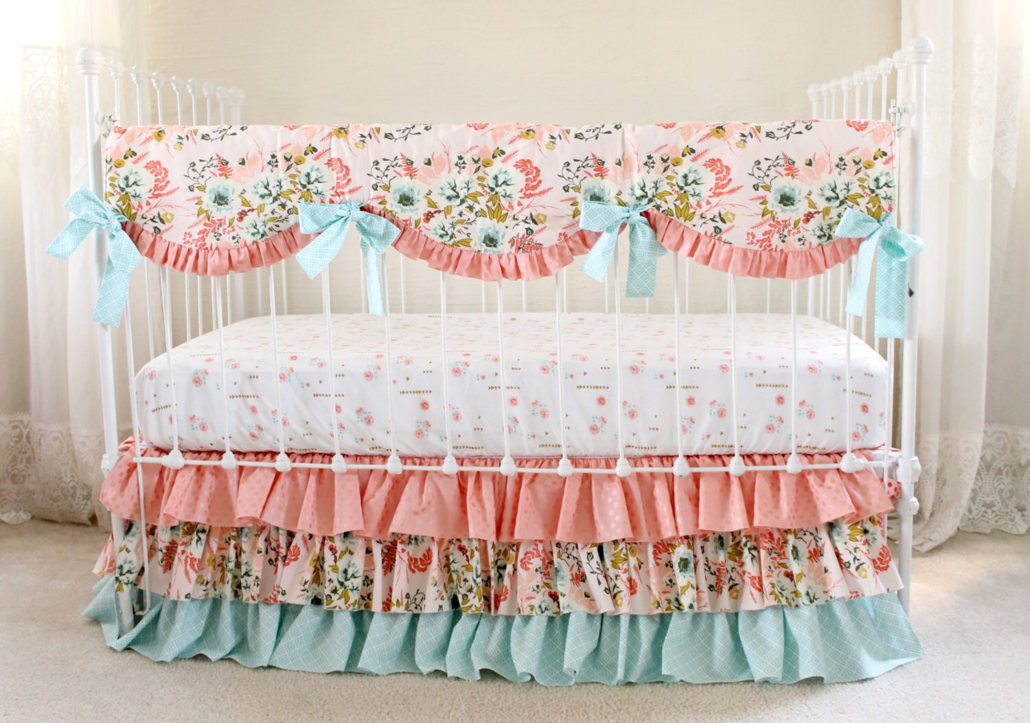 Blush Pink Floral Crib Bedding Set Pink Coral and Aqua Baby