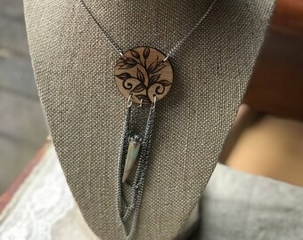 Floral Vine necklace ~ woodburned wooden wood pendant ~ handmade dangle chain necklace