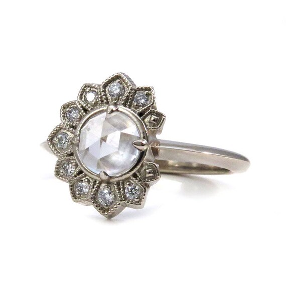 White Topaz Eclipse Engagement Ring with White Diamonds - 14k Palladium White Gold