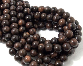 Tiger Ebony Wood, Round, 10mm, Smooth, Large, Natural Wood Beads, Full 16 Inch Strand, 40pcs - ID 1306