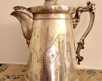 Lovely Antique North American 1880s Silverplate Water Pitcher with Engraved Monogram and Date