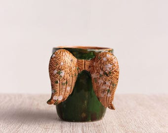 coffee mug, ceramic coffee cup, handmade ceramic pottery, Christmas gift, wings mug, green mug, stoneware, modern pottery, handmade mug