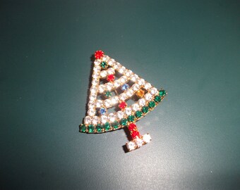 Vintage Multi Colored Glass Rhinestone Christmas Tree Brooch Pin