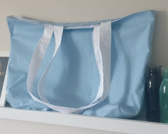 Handmade Sky Blue with Tiny White Lined Tote Bag - with internal pocket