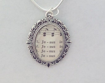 Jesus / sheet music - glass pendant necklace