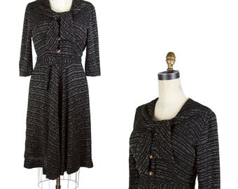 1950s Dress // Black with Silver Lurex Chevron Striped Dress with Shawl Collar