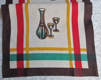 Vintage Tea Towel Kitchen Linens Retro Table Runner Decanter Glasses Dish Towel 1940's Hand Towel Victory KB Tag Vintage Linens