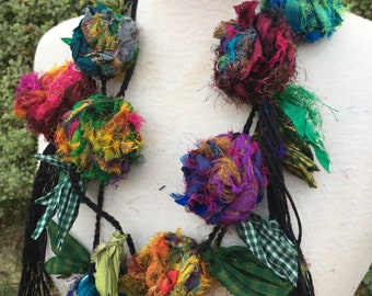 Silk flower necklace, Recycled silk rose garland, hand crocheted, boho floral necklace, rag rose necklace