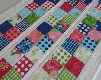 Quilted Table Runner Retro Brights, Quilted Table Topper, Dresser Scarf, Scrappy Patchwork Table Runner, Pinwheels, Polka Dots, Flowers