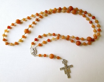 Orange and Yellow Franciscan Crown Rosary of Matte Red Aventurine with Saint Francis/ Saint Clare Center and San Damiano Cross